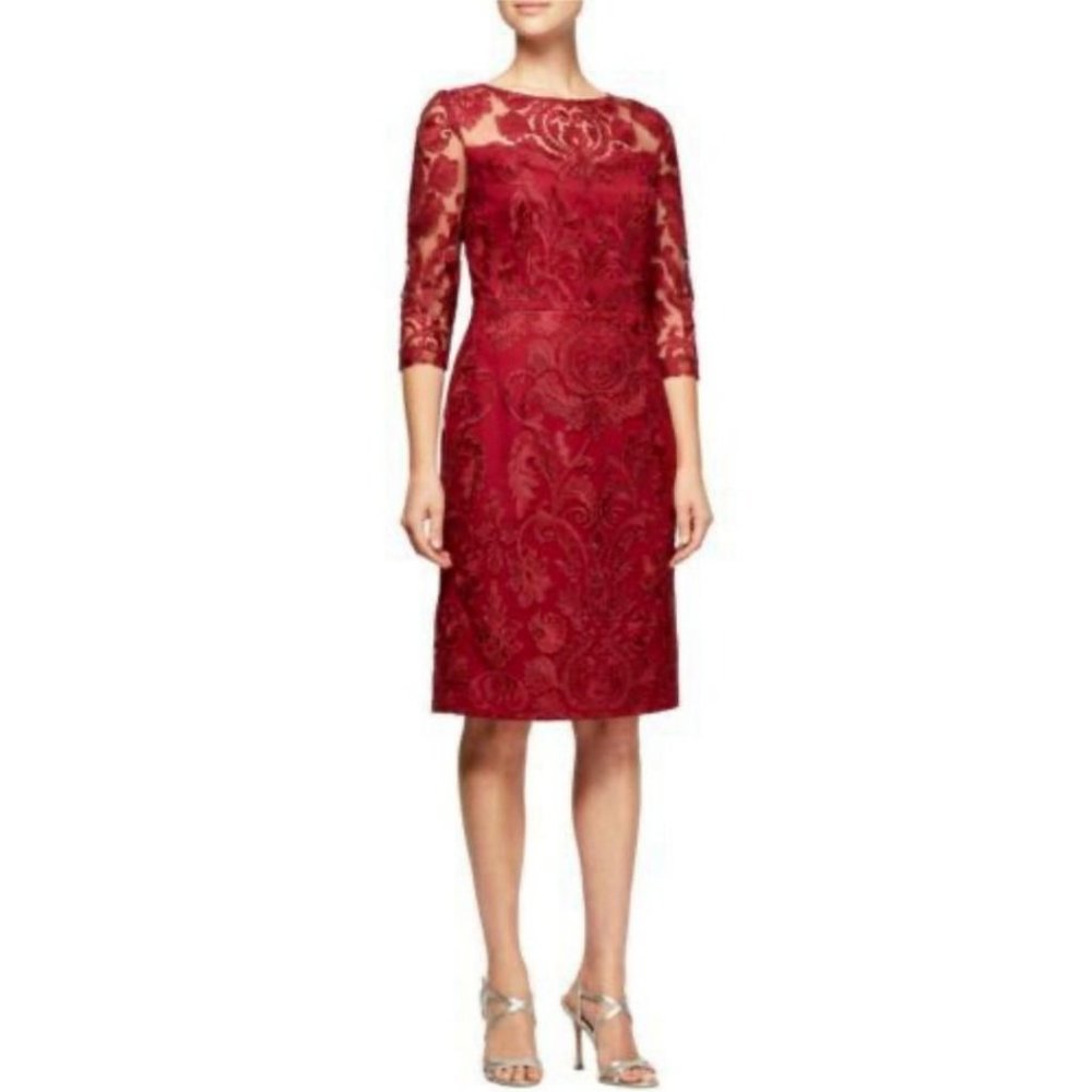 Alex Evenings Dress 12 Red 3/4 Long Sleeve Wedding Cruise Party Washable